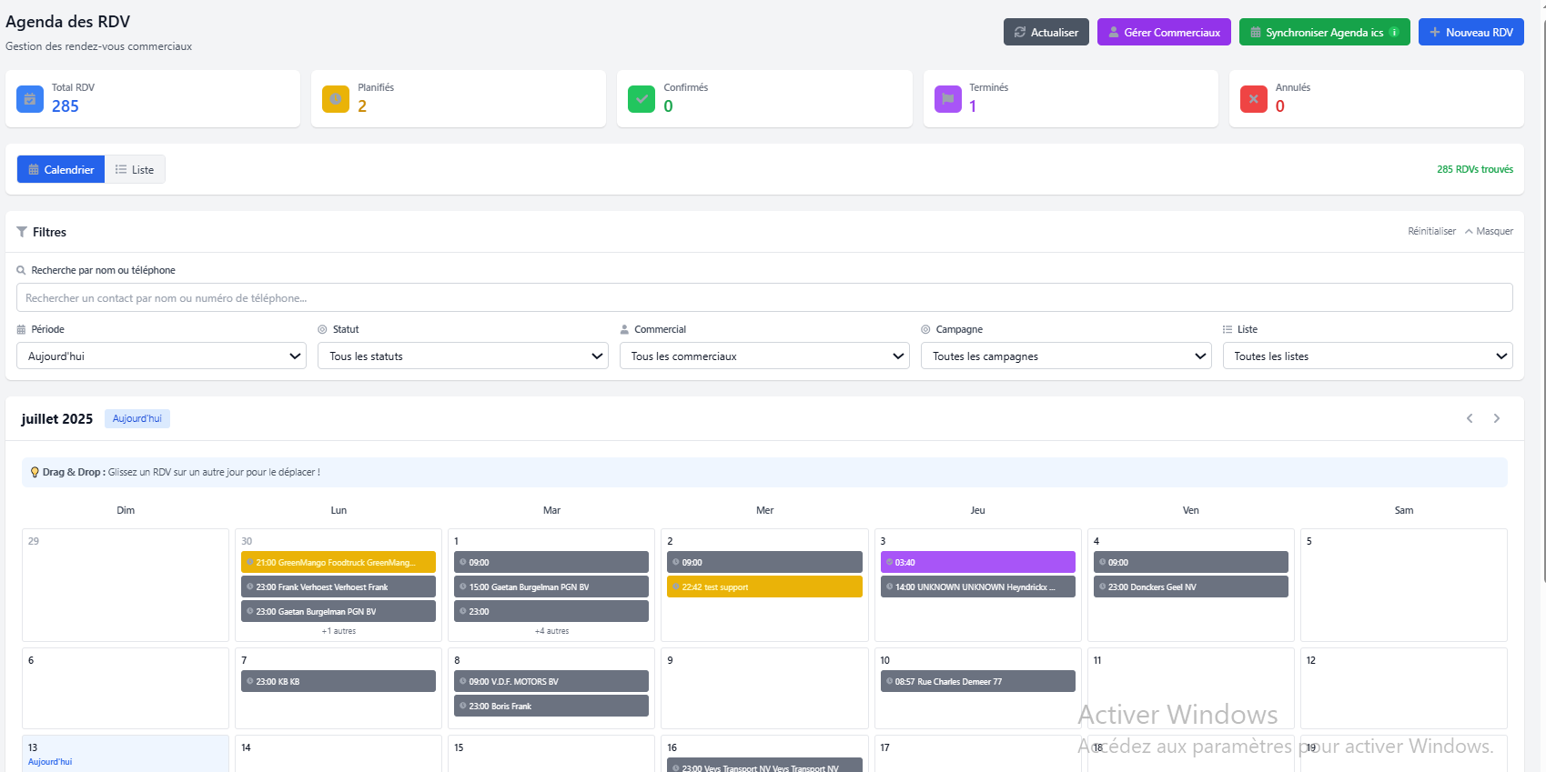 Interface ClickRDV - Vue calendrier avec statistiques